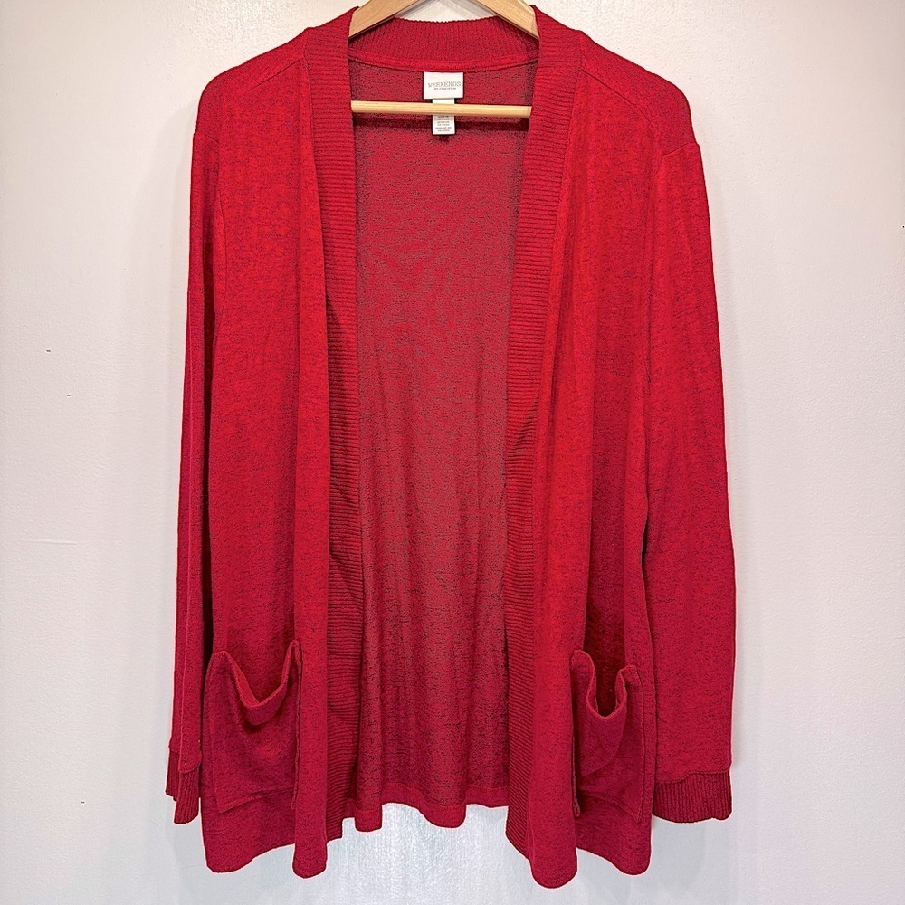 Chico’s Red Open Front Long Sleeve Cardigan with Front Pockets Size 3/XL